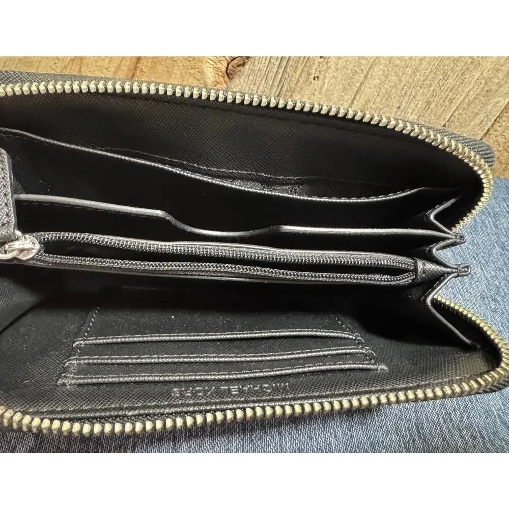 Black Michael Kors Jet Set Travel Continental Zip-Around Wallet Monogram Logo - Picture 7 of 8
